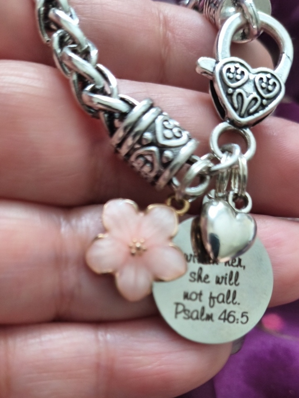 Inspirational Beautiful Silvertone Bracelet. Psalm 46:5 W/Enamel  GoldtoneFlower